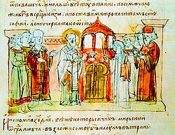 Настолование митрополита Илариона (миниатюра Радзивиловской летописи)